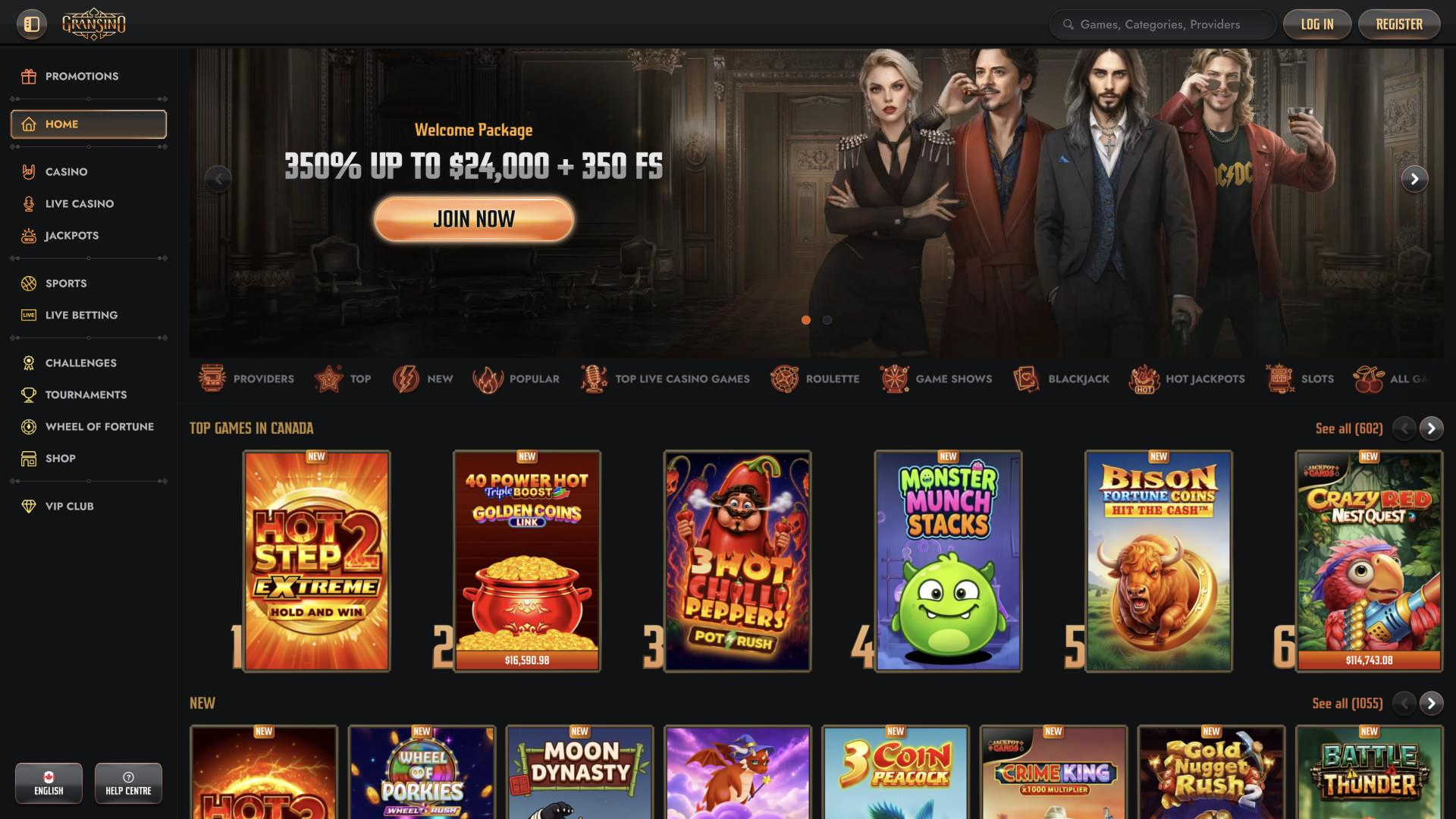 Screenshot of the Gransino website